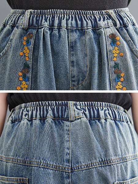 Women Artsy Embroidery Frayed Denim Harem Pants FD006 ZMFS