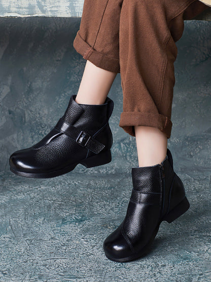 Women Vintage Autumn Soft Leather Buckle Low Heel Boots BA1053 Genistyle Shop