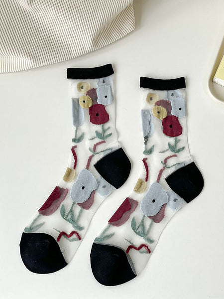 5 Pairs Women Artsy Summer Flower Jacquard Thin Socks CX040 BUYKUD