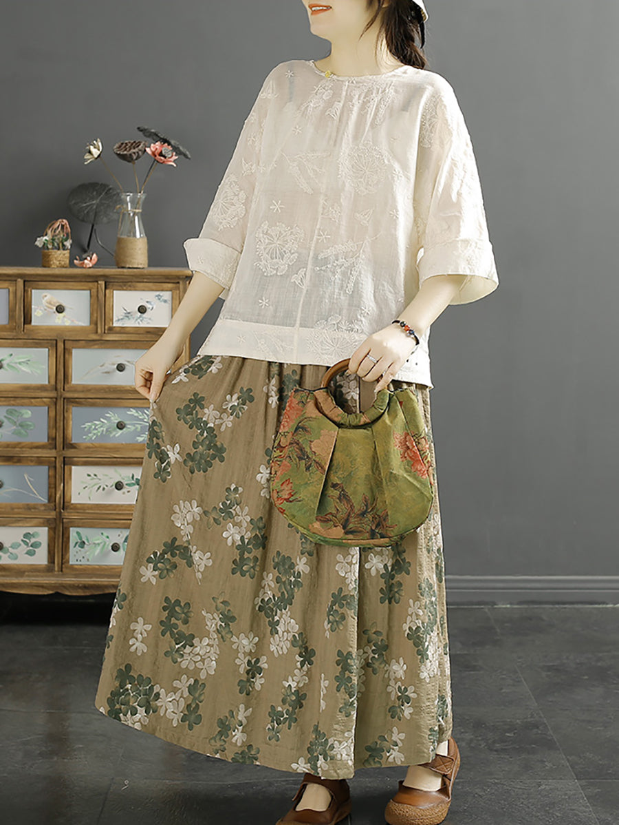 Women Vintage Embroidery Solid Ramie Shirt AA1012 Ada Fashion