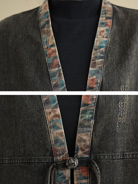 Women Autumn Worn Patch Colorblock Denim Coat AH1067 BK