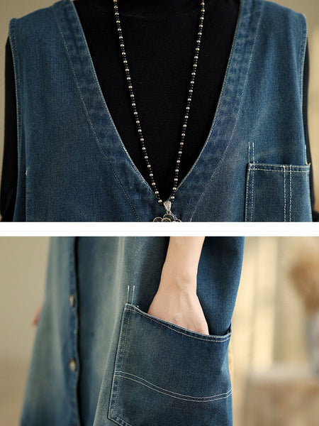 Women Casual Summer Spliced V-Neck Button-up Denim Vest Coat AT1007 BUYKUD