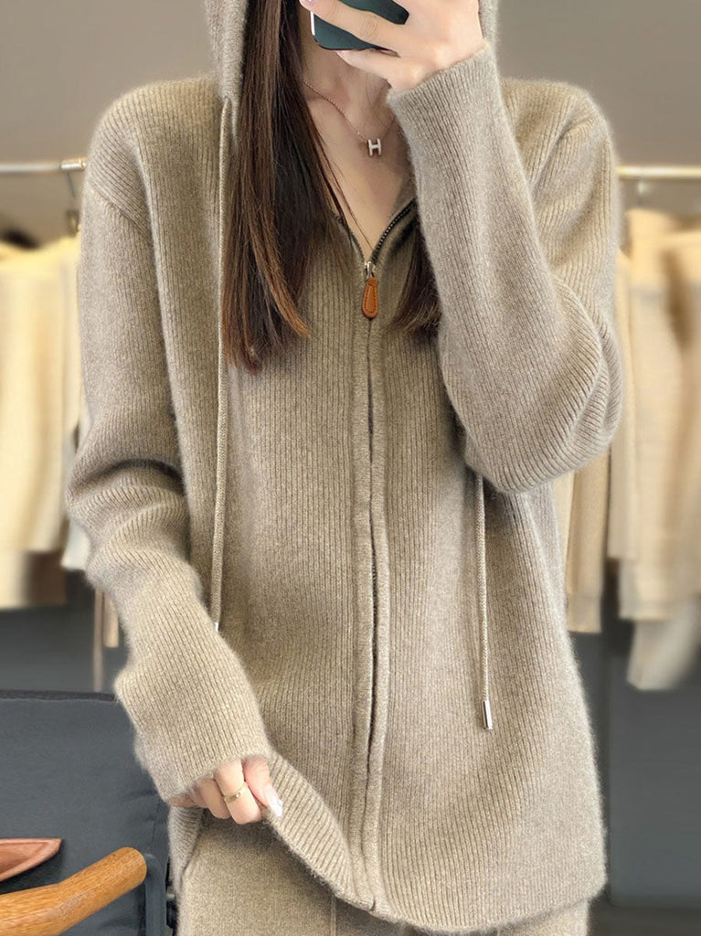 Women Autumn Casual 100%Wool Hooded Cardigan Sweater BA1059 Genistyle Shop