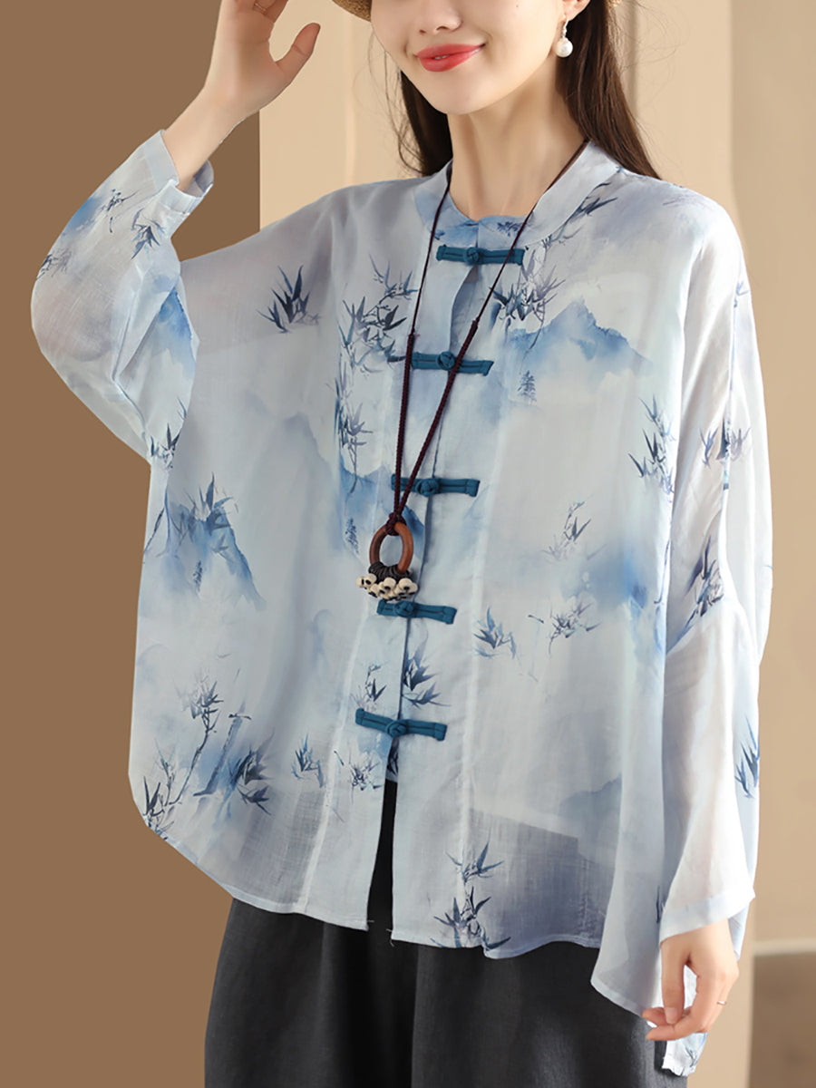 Women Summer Artsy Flower Button-Up Ramie Shirt HH016 ZMMM