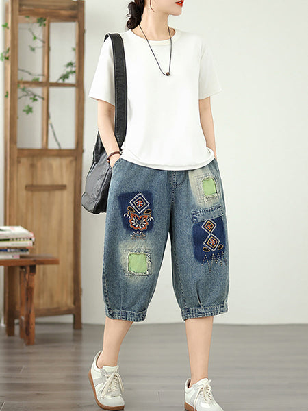 Denim Flower Retro Embroidery Fifth Women Pants Patchwork FashionChic