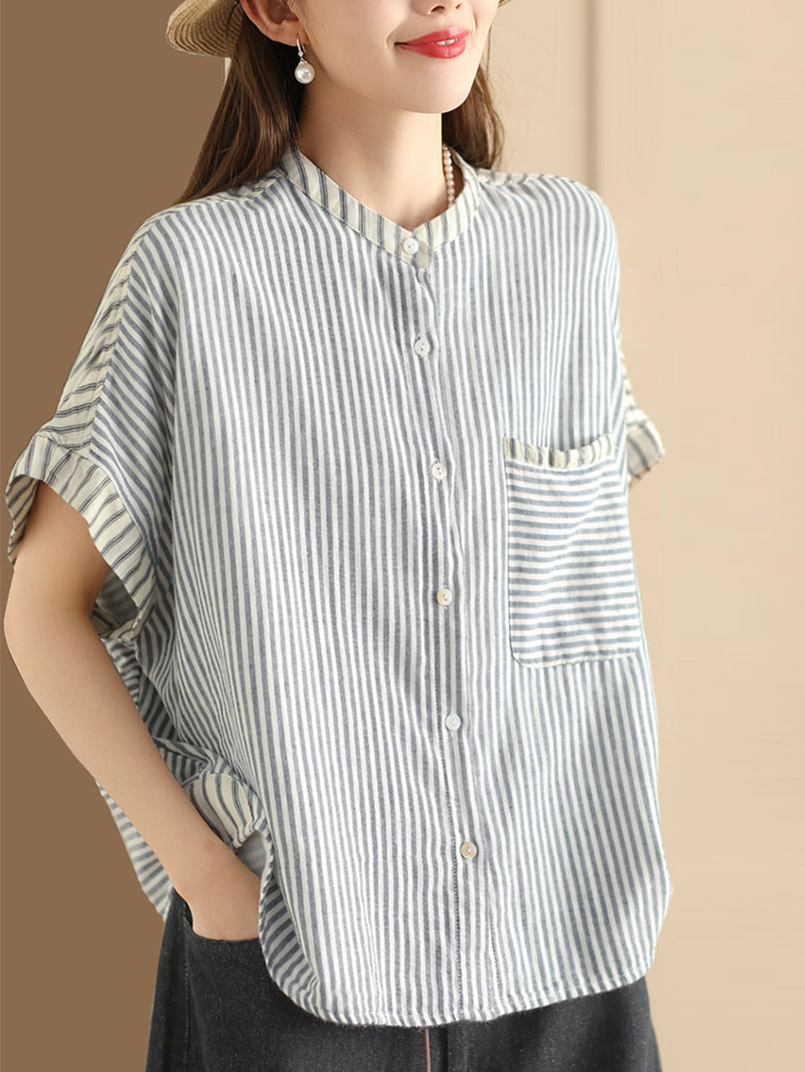 Women Summer Artsy Stripe Spliced Linen Shirt WE1039 Ada Fashion