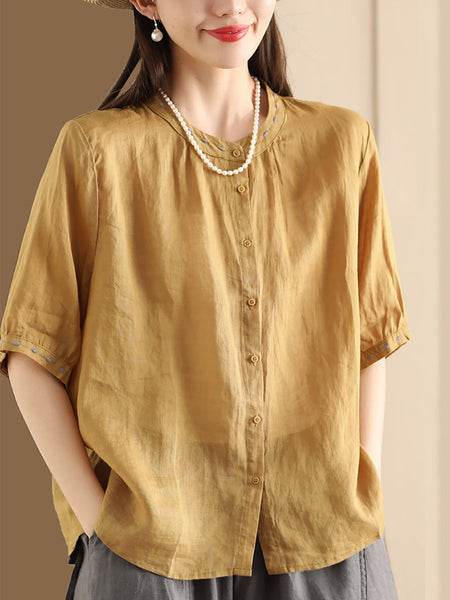 Women Summer O-Neck Embroidery Button-up Ramie Shirt PP1035 BUYKUD