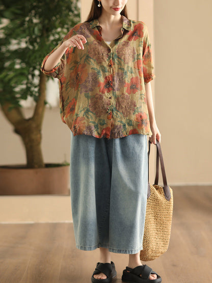 Women Summer Vintage Flower Patch Spliced Ramie Shirt FD039 BUYKUD