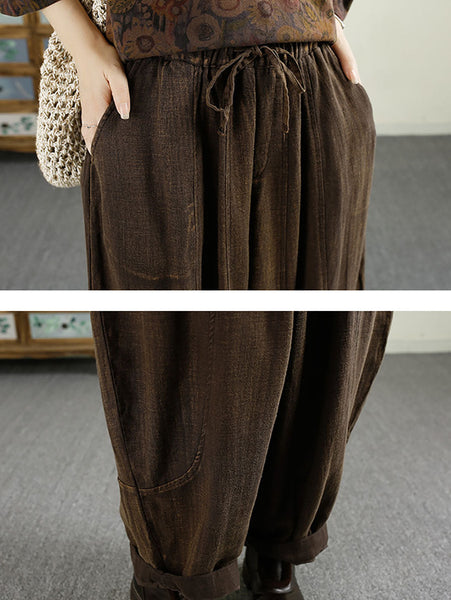 Women Autumn Vintage Solid Pocket Linen Harem Pants AV1031 Genistyle Shop