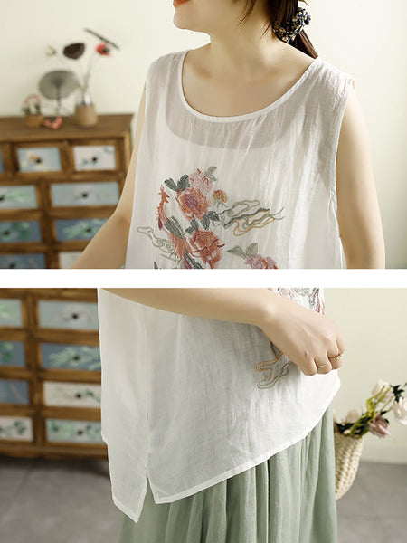 Women Vintage Flower Embroidery Ramie Summer Vest WE1022 Ada Fashion