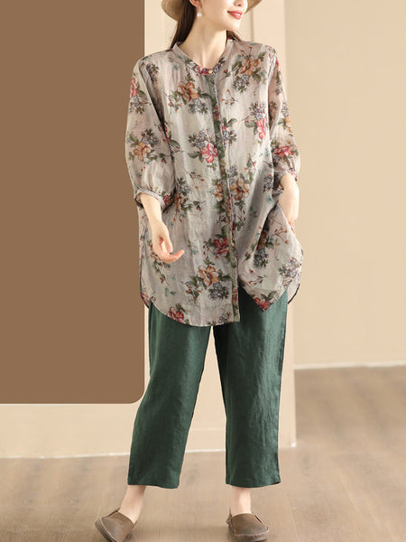 Women Summer Artsy Floral Spliced Ramie Long Shirt BN1007 Ada Fashion