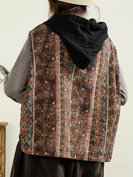 Women Autumn Vintage Flower Spliced Hooded Cotton Vest AI1037 BUYKUD