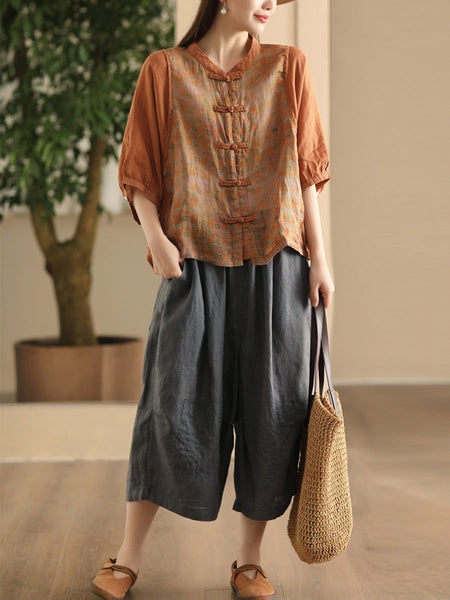 Women Summer Vintage Flower Spliced Button-up Ramie Shirt FD042 ZMMM