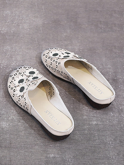 Women Summer Leather Flower Spliced Cutout Slippers OO1019 TJPX