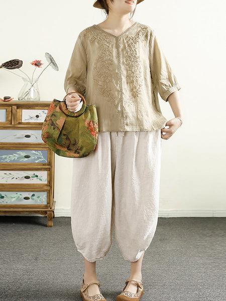 Women Summer Artsy Embroidery V-Neck Ramie Shirt PP1020 ZMMM