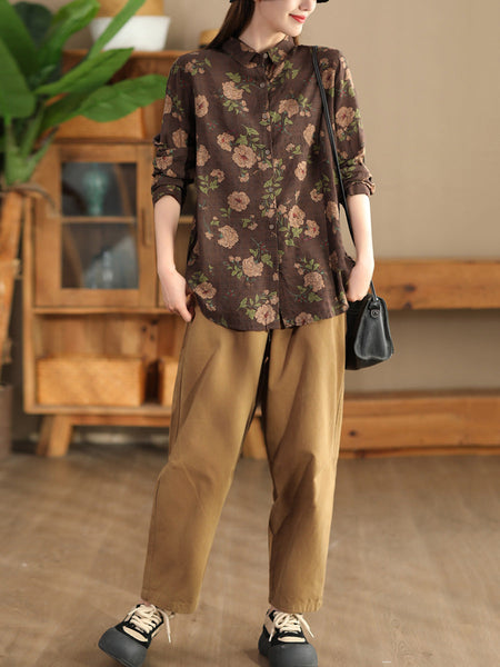 Women Autumn Vintage Flower Button-up Shirt AI1040 BUYKUD