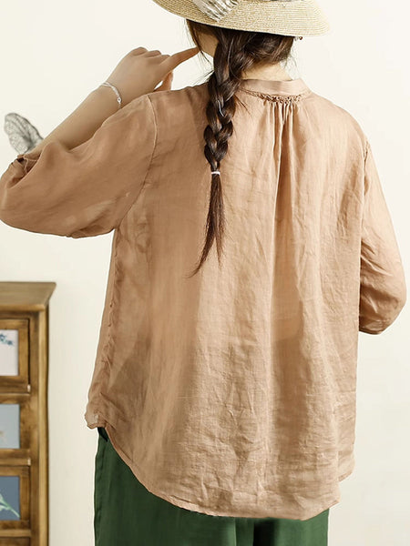 Women Summer Artsy Embroidery Button Ramie Shirt II1043 BUYKUD