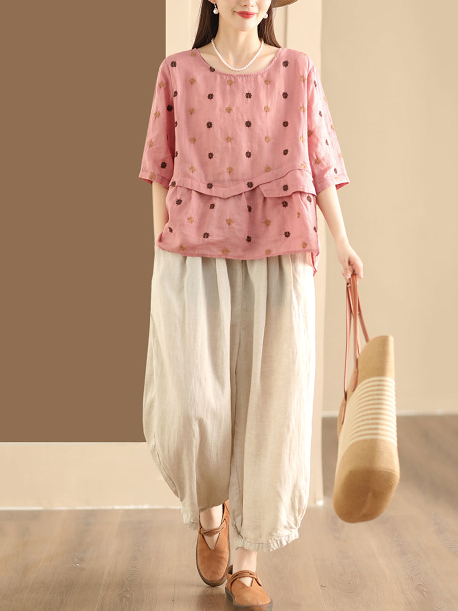 Women Summer Embroidery Spliced Ramie Loose Shirt XX1046 Ada Fashion