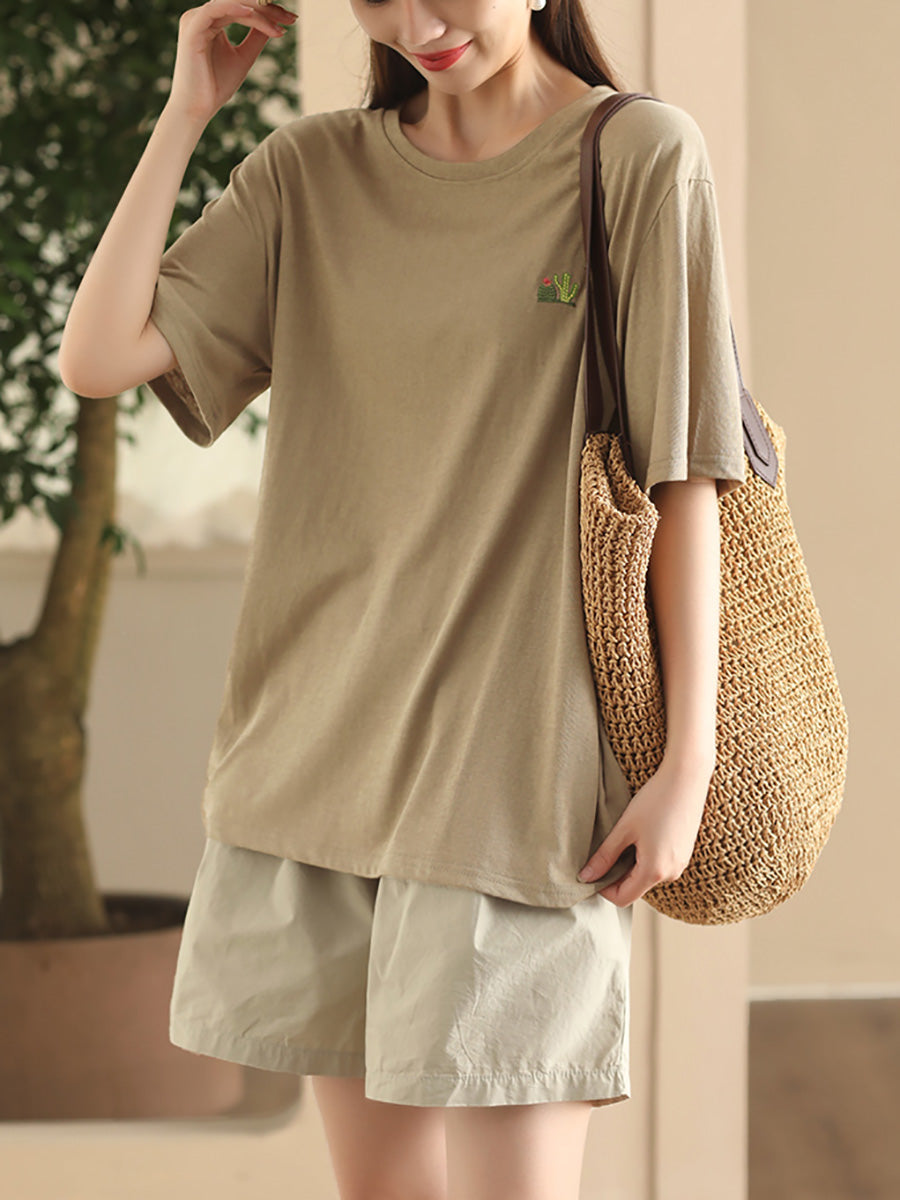 Women Summer Casual Solid Embroidery O-Neck Cotton Shirt CX060 JPFS