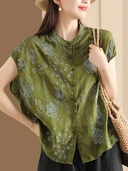 Women Summer Vintage Flower Embroidery Button Ramie Shirt OO1048 ZMMM