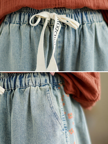 Women Summer Spliced Washed Denim Knee Length Pants OP1039 BUYKUD