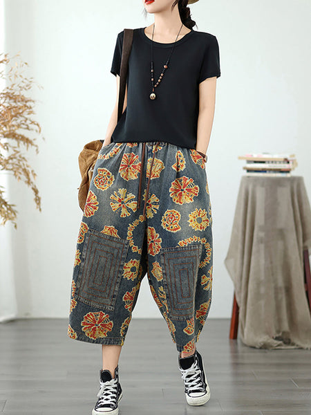 Women Straight Pants Retro Capri Flower Denim FashionChic