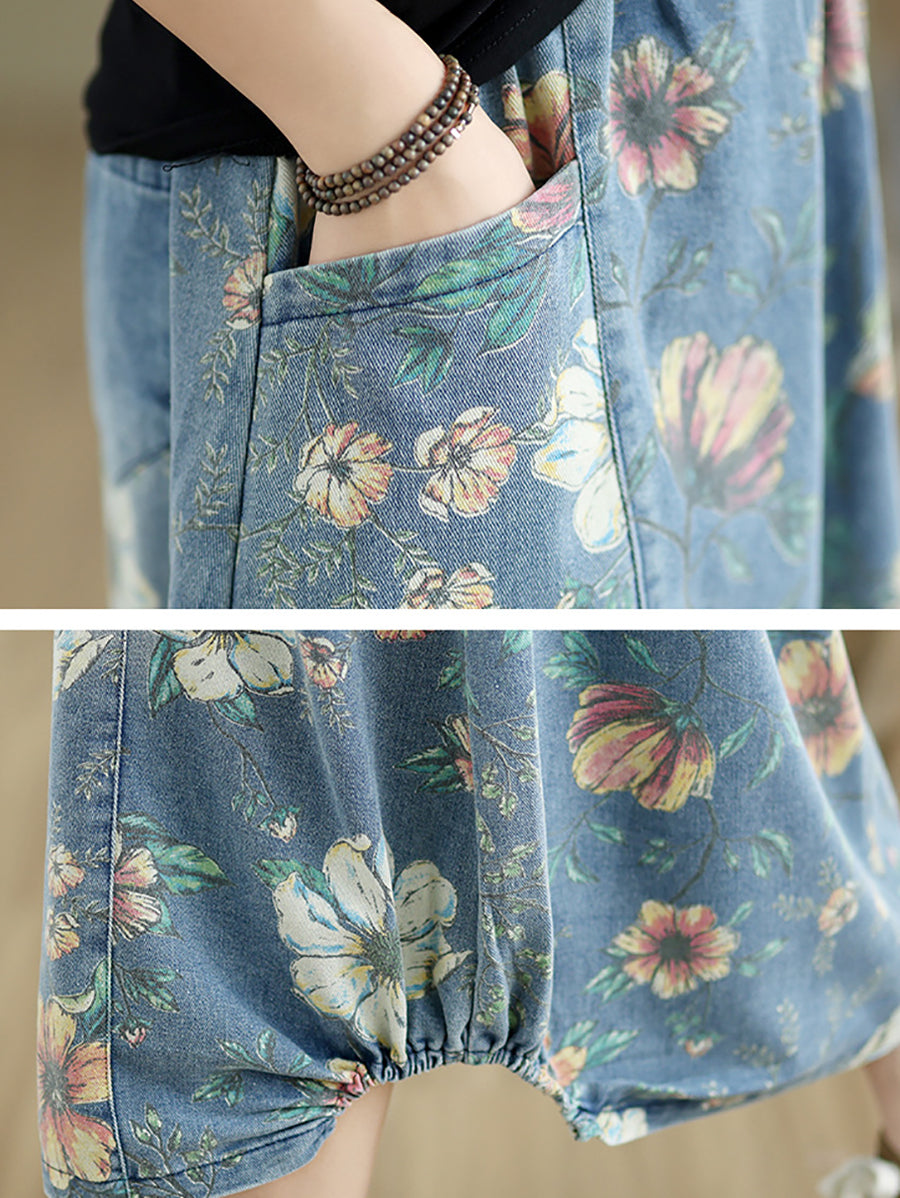 Women Summer Casual Flower Spliced Denim Skirt XX1027 Ada Fashion