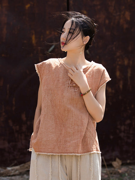 Women Summer Tie-dye Raw-edge Linen Vest CV1031 Ada Fashion