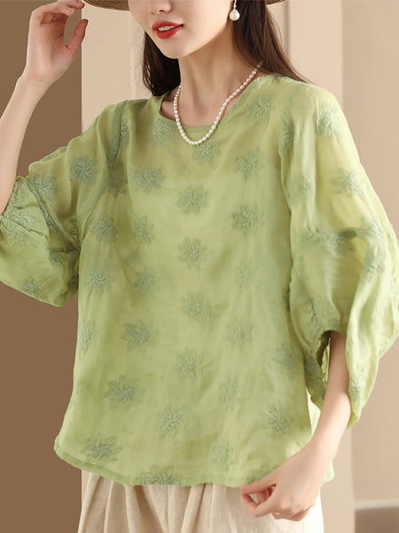 Women Summer Vintage Flower Embroidery Ramie Shirt PP1029 BUYKUD