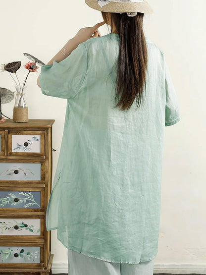 Women Summer Artsy Flower Embroidery Ramie Shirt TY1026 Ada Fashion