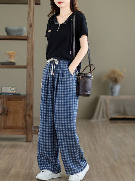 Women Summer Casual Plaid Wide-leg Cotton Pants OP1028 BUYKUD