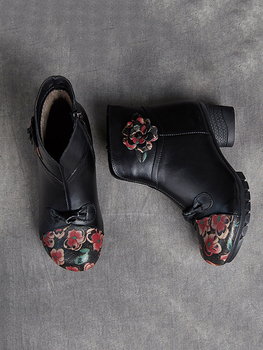 Women Ethnic Autumn Flower Spliced Leather Mid-Heel Boots AI1019 MXXZ