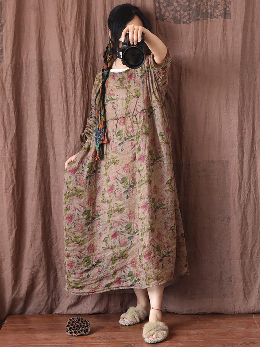 Women Summer Vintage Floral Plaid Loose Ramie Dress OP1008 QYMM