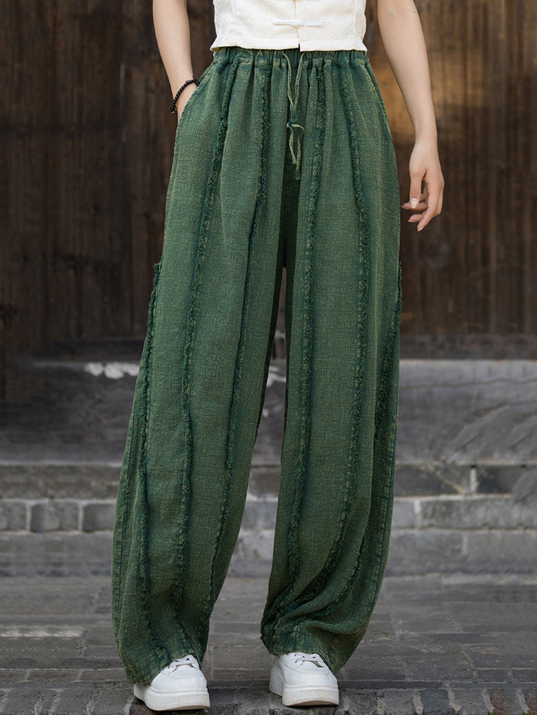 Women Ethnic Solid Raw-edge Wide-leg Ramie Pants FD053 BXF