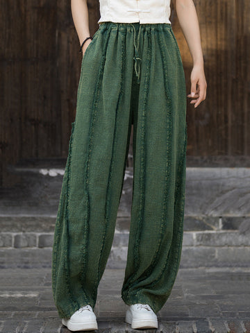 Women Ethnic Solid Raw-edge Wide-leg Ramie Pants FD053 BXF