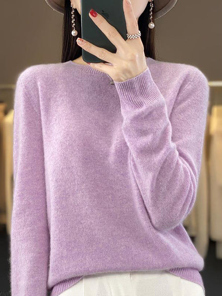 Women Autumn Solid Knit 100%Wool O-Neck Sweater WU023 BK