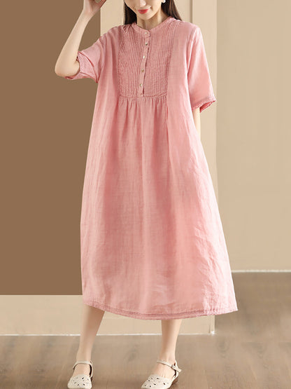 Women Summer Casual Solid Shirred Button Linen Dress HH019 LN