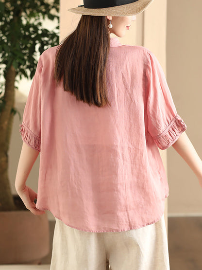 Women Summer Vintage Embroidery Turn-down Collar Ramie Shirt FD017 YDR