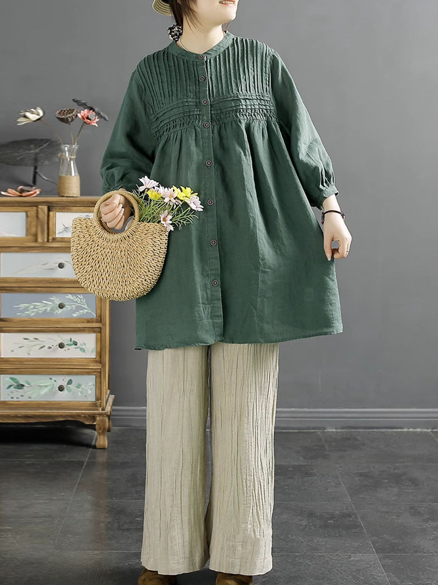 Women Artsy Summer Shirred Solid Linen Shirt SC1058 Ada Fashion