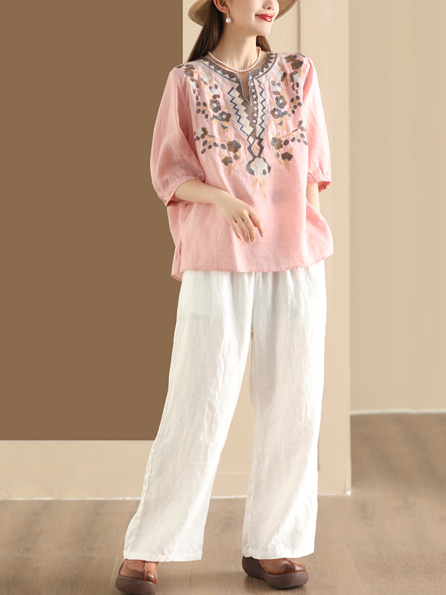 Women Summer Ethnic Flower Embroidery Ramie Shirt TY1006 Ada Fashion