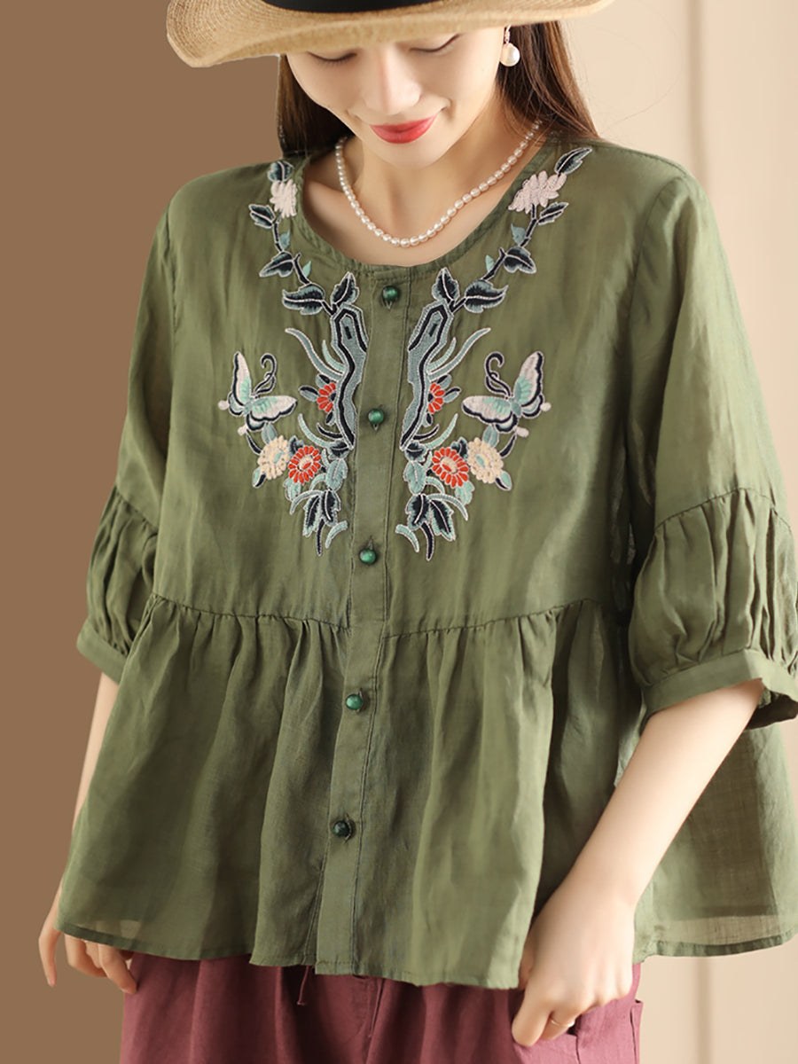 Women Ethnic Flower Embroidery Summer Ramie Shirt QW1015 Ada Fashion