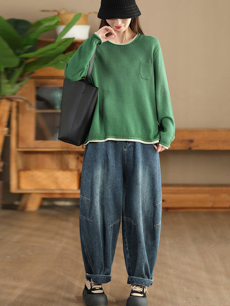 Women Autumn Casual Colorblock O-Neck Cotton Knit Blouse AI1068 BK