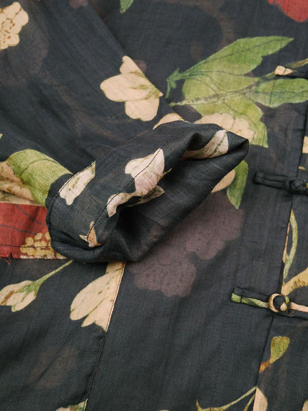 PLus Size Women Vintage Flower Print Ramie Spring Long Shirt AS1032 Ada Fashion