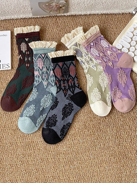 5 Pairs Women Autumn Artsy Flower JAcquard Cotton Socks QM009 BUYKUD