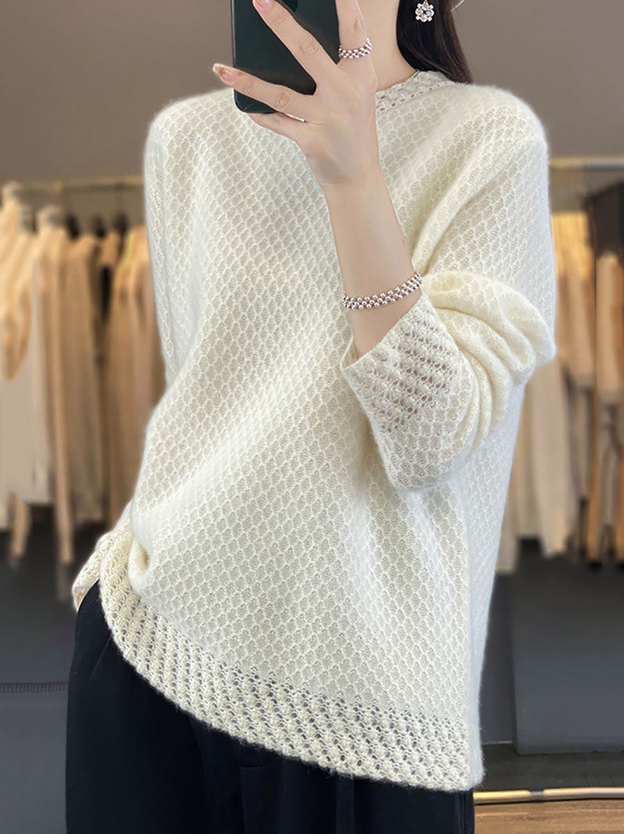 Women Autumn Solid Knit 100%Wool O-Neck Sweater QM005 BK