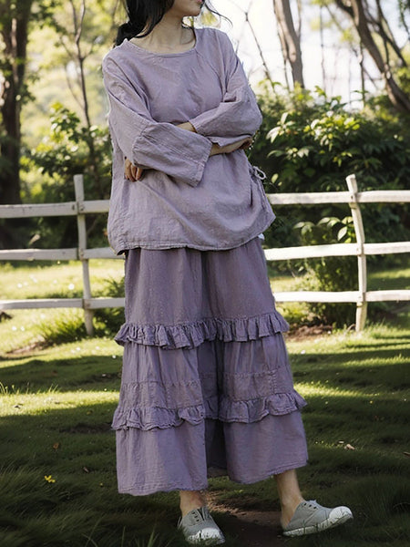 Women Spring Vintage Purple Drawstring Cotton Shirt SC1018 Ada Fashion