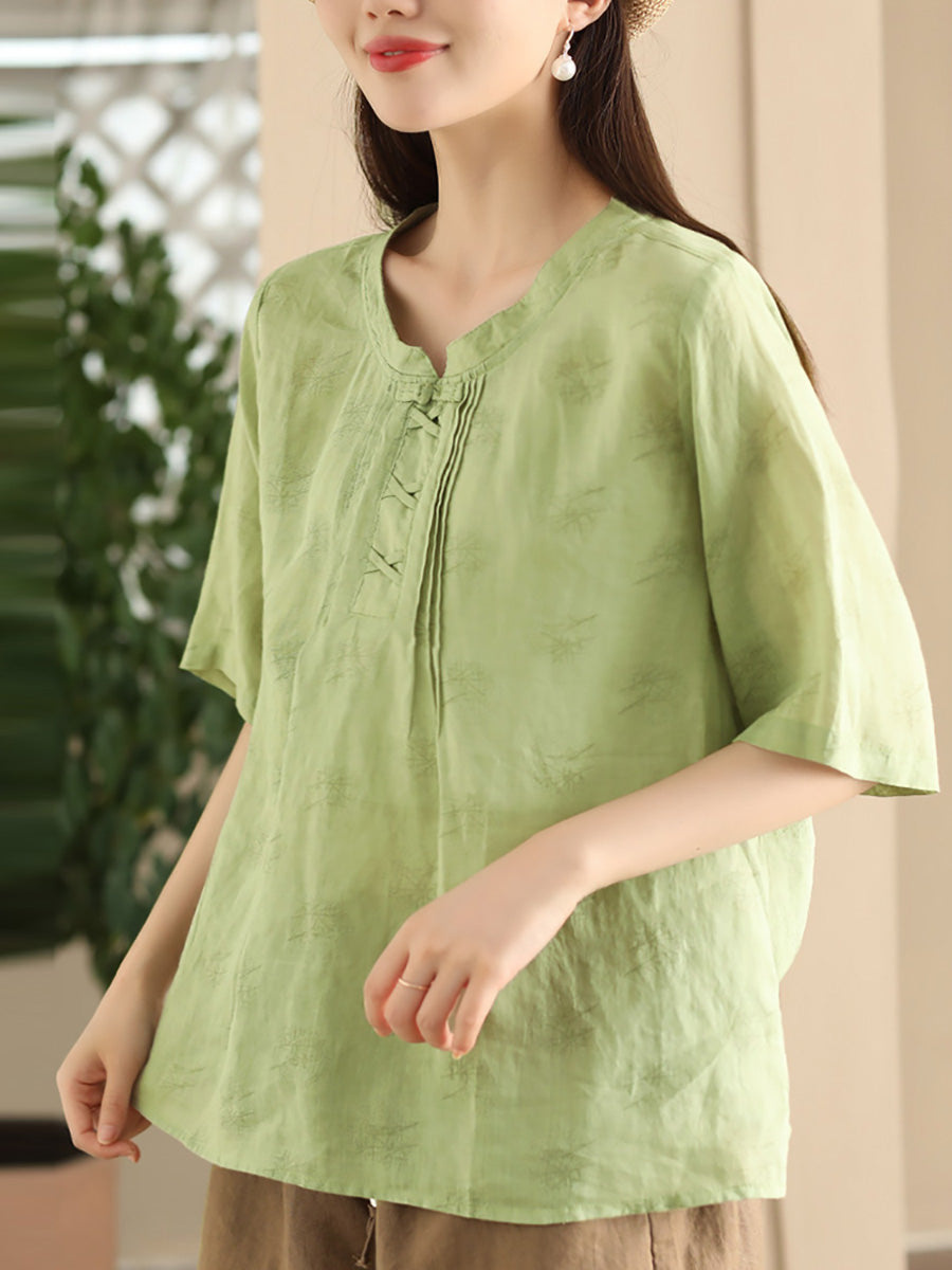 Women Summer Artsy Flower Stand Collar Ramie Shirt LL040 BUYKUD