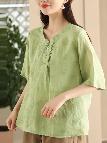 Women Summer Artsy Flower Stand Collar Ramie Shirt LL040 BUYKUD