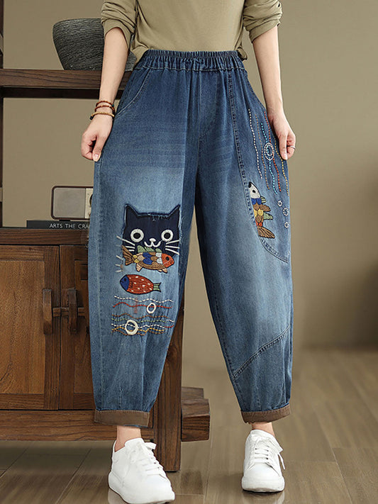 Women Autumn Casual Cat Patch Spliced Denim Harem Pants AV1004 Genistyle Shop