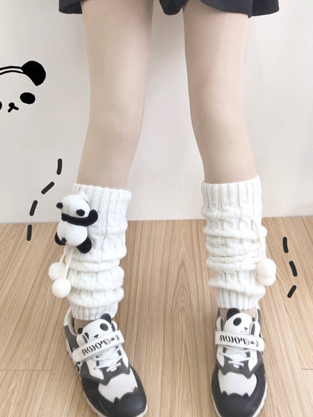 Decorated Cable Leg Warmers Black Pom-Pom Panda White Creamy Brooch + Knit Set / FashionChic